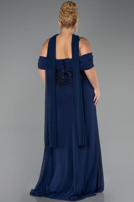 Long Navy Blue Chiffon Plus Size Evening Dress ABU6274