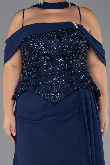 Long Navy Blue Chiffon Plus Size Evening Dress ABU6274
