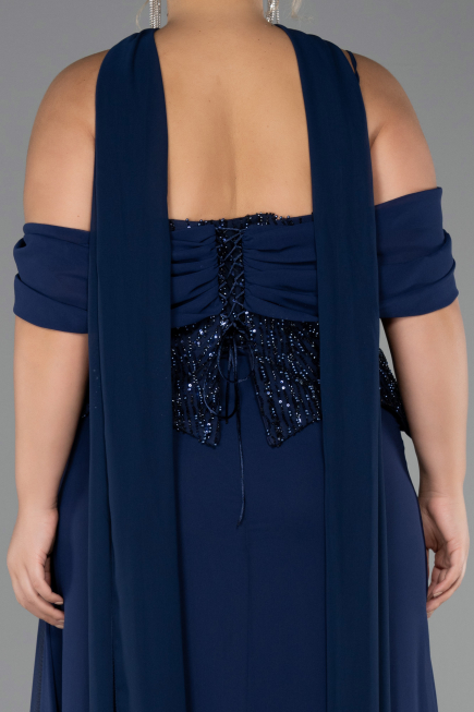 Long Navy Blue Chiffon Plus Size Evening Dress ABU6274