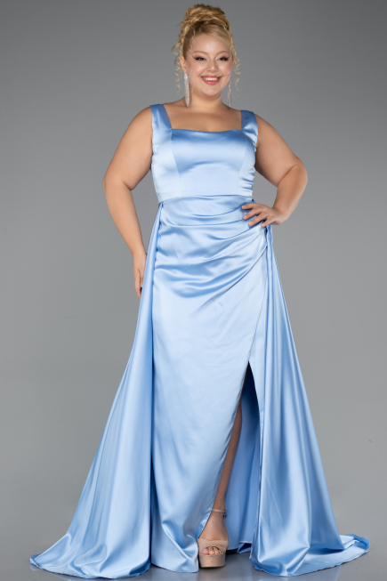 Long Light Blue Satin Formal Plus Size Dress ABU6576