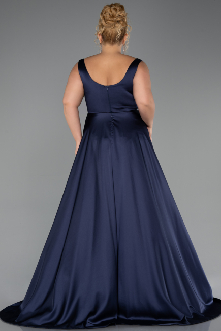 Long Navy Blue Satin Formal Plus Size Dress ABU6576