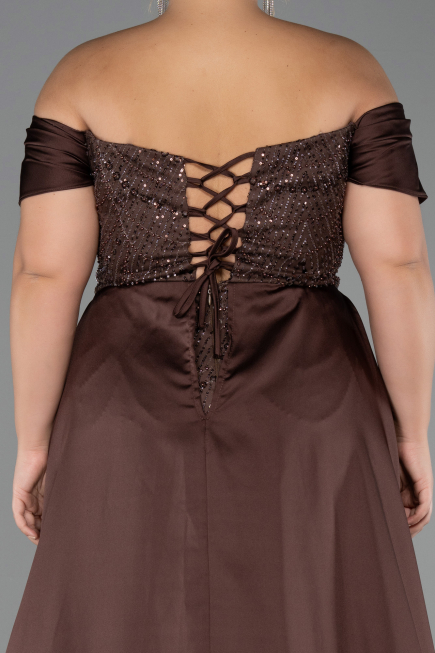 Long Dark Brown Beaded Plus Size Evening Gown ABU6414