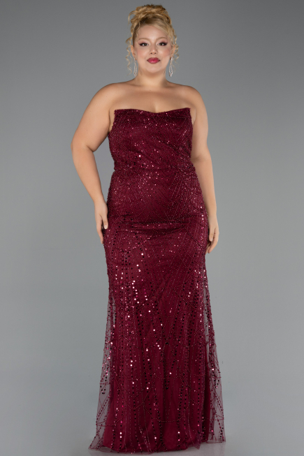 Long Burgundy Beaded Plus Size Evening Dress ABU6545