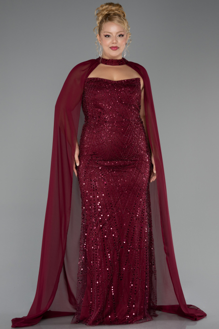 Long Burgundy Beaded Plus Size Evening Dress ABU6545