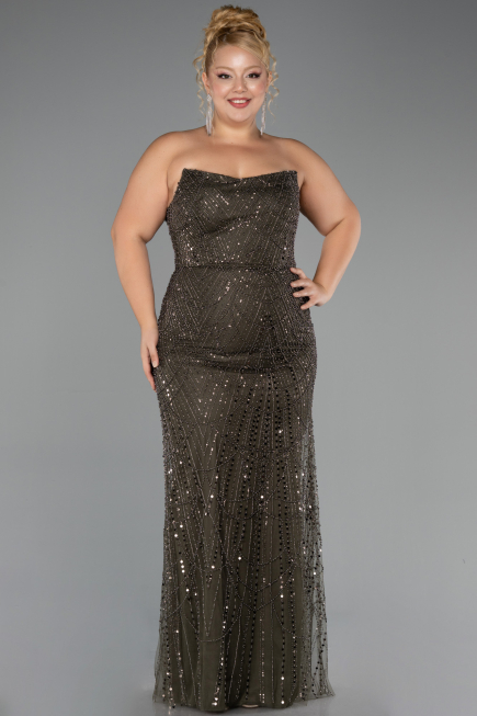 Long Olive Drab Beaded Plus Size Evening Dress ABU6545