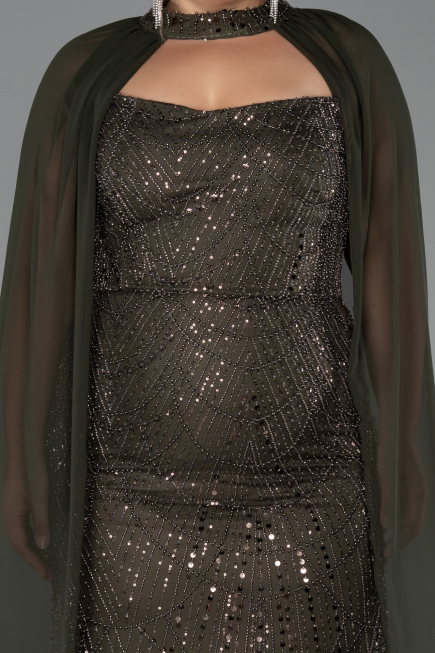 Long Olive Drab Beaded Plus Size Evening Dress ABU6545