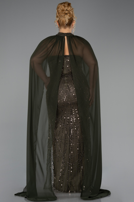 Long Olive Drab Beaded Plus Size Evening Dress ABU6545