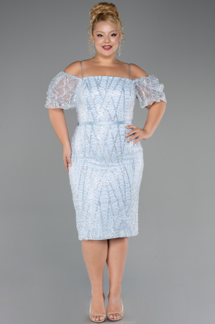 Midi Light Blue Beaded Plus Size Cocktail Dress ABK2689