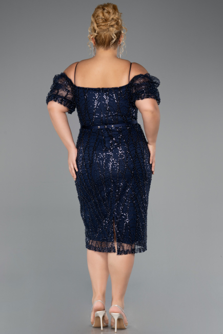 Midi Navy Blue Beaded Plus Size Cocktail Dress ABK2689