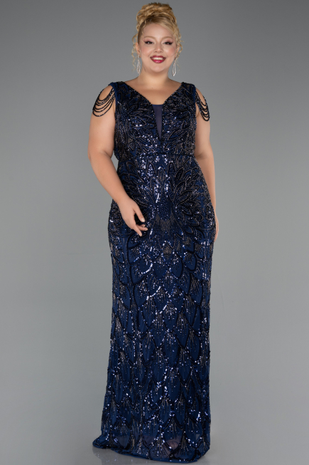 Long Navy Blue Beaded Plus Size Evening Dress ABU6530