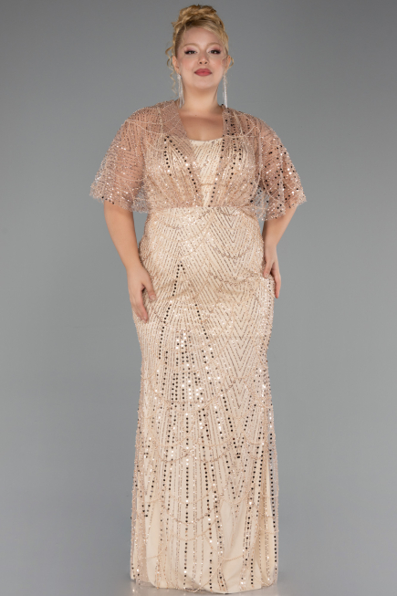Long Gold Beaded Formal Plus Size Dress ABU5722