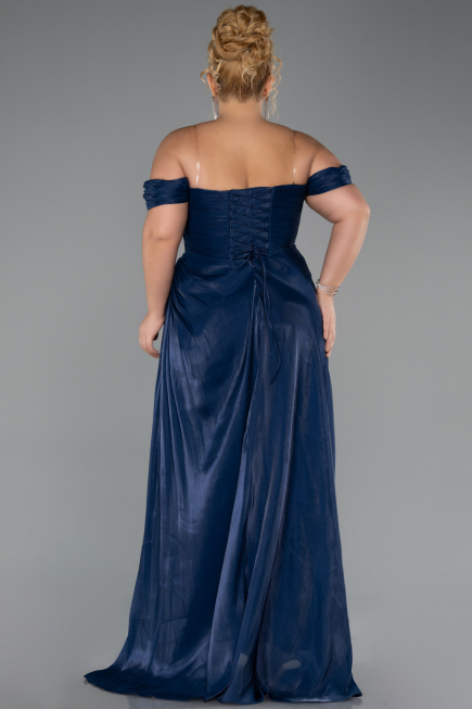 Long Navy Blue Chiffon Plus Size Evening Gown ABU6507