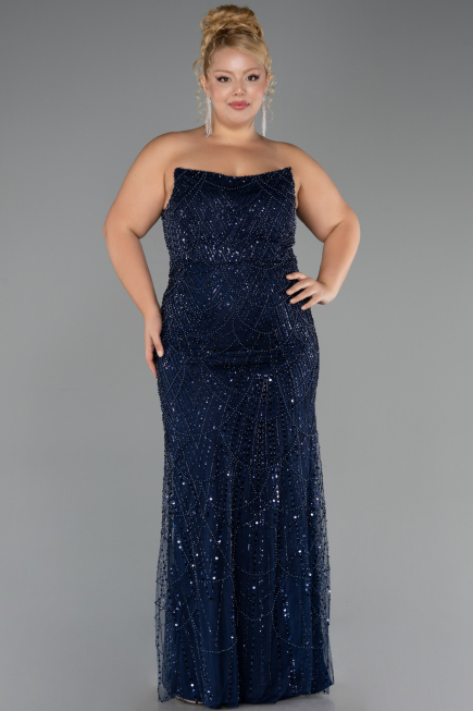 Long Navy Blue Beaded Plus Size Evening Dress ABU6545