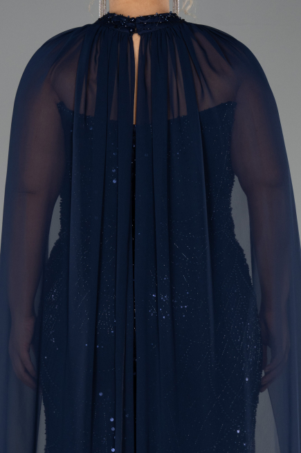 Long Navy Blue Beaded Plus Size Evening Dress ABU6545