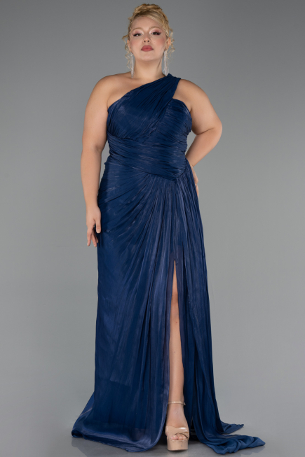 Long Navy Blue Chiffon Plus Size Evening Gown ABU6513