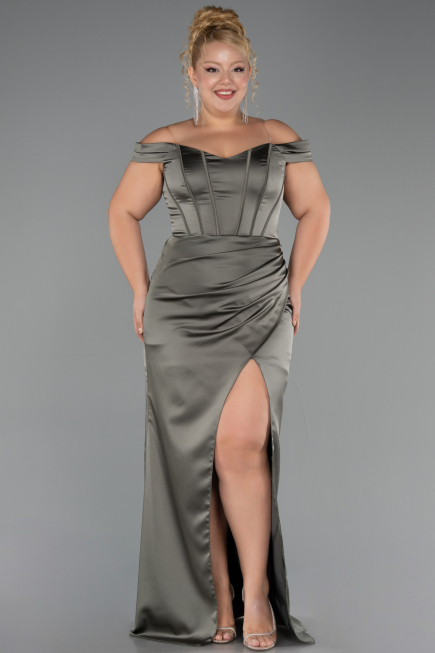 Long Olive Drab Satin Plus Size Evening Gown ABU6577