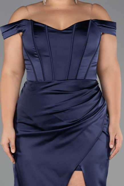 Long Navy Blue Satin Plus Size Evening Gown ABU6577