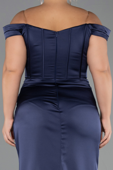 Long Navy Blue Satin Plus Size Evening Gown ABU6577