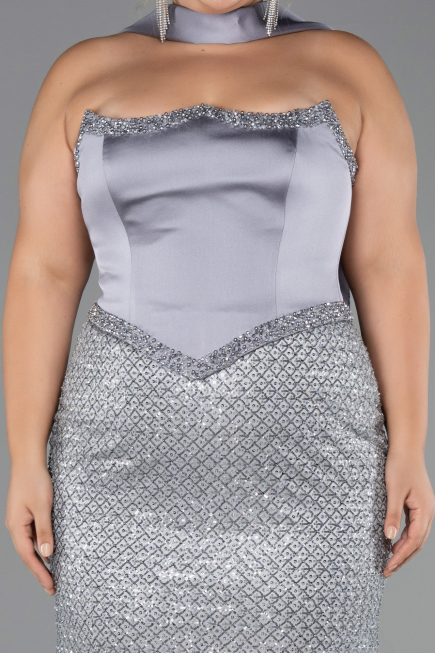 Long Anthracite Beaded Plus Size Evening Dress ABU6258