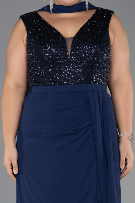 Long Navy Blue Chiffon Plus Size Evening Dress ABU6557
