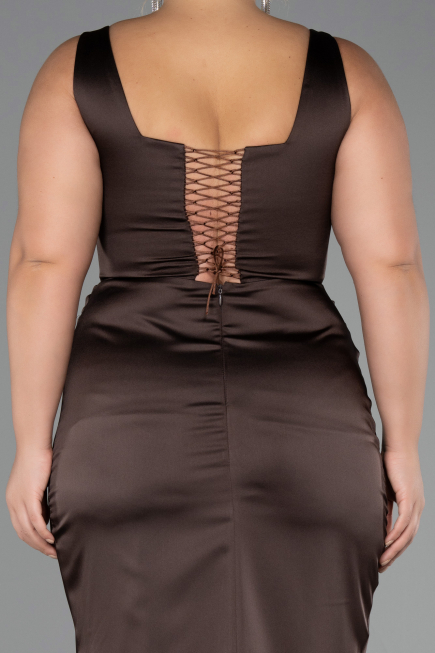 Long Brown Satin Formal Plus Size Dress ABU6543