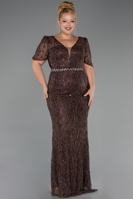 Long Brown Beaded Formal Plus Size Dress ABU6583