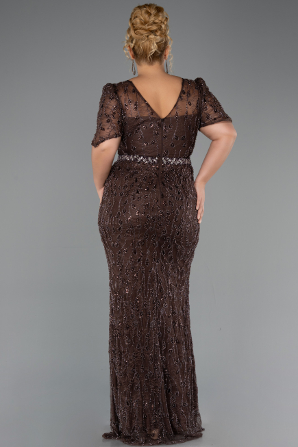 Long Brown Beaded Formal Plus Size Dress ABU6583