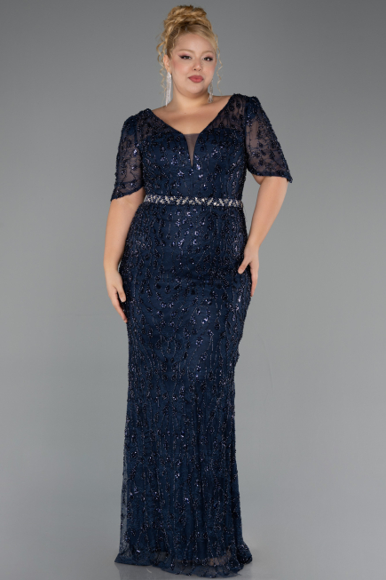 Long Navy Blue Beaded Formal Plus Size Dress ABU6583
