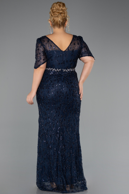 Long Navy Blue Beaded Formal Plus Size Dress ABU6583