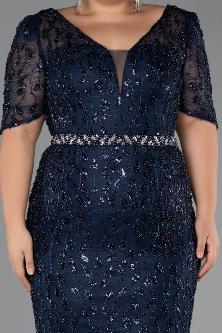 Long Navy Blue Beaded Formal Plus Size Dress ABU6583