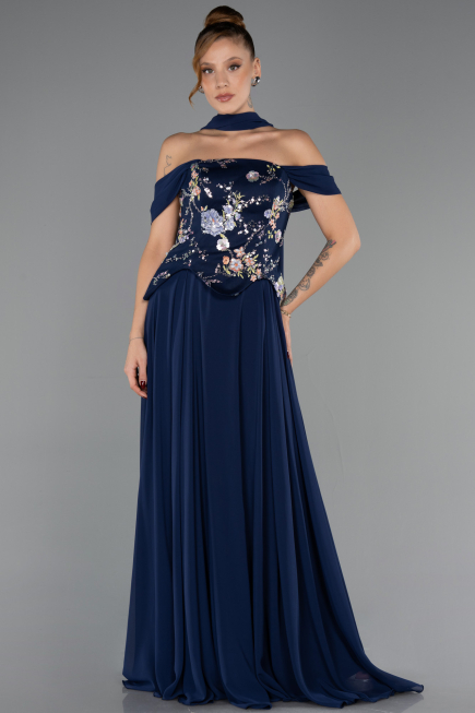 Long Navy Blue Chiffon Evening Dress ABU6588