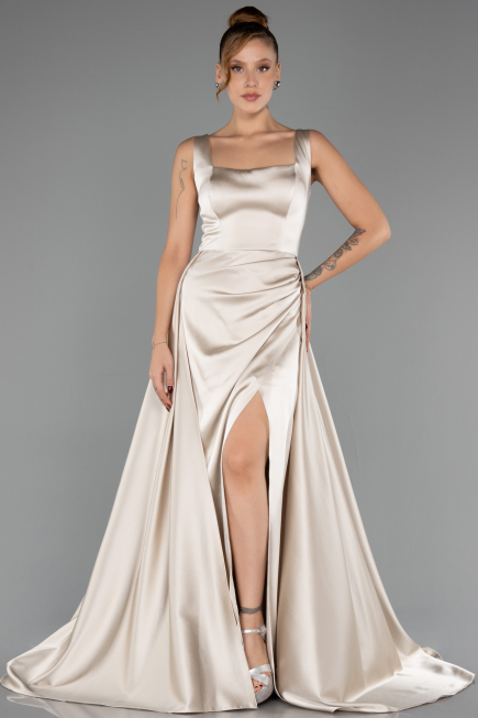 Long Beige Satin Prom Gown ABU6572
