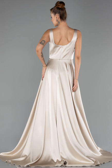 Long Beige Satin Prom Gown ABU6572