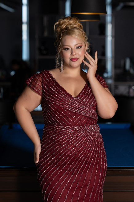 Long Burgundy Stony Plus Size Evening Dress ABU5439