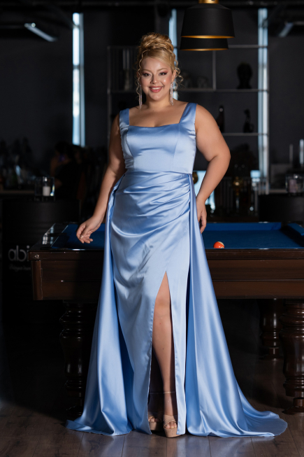 Long Light Blue Satin Formal Plus Size Dress ABU6576