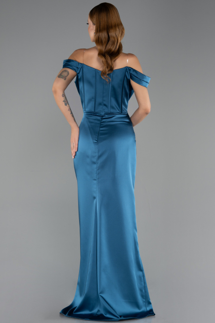 Long Oil Blue Satin Prom Gown ABU6574