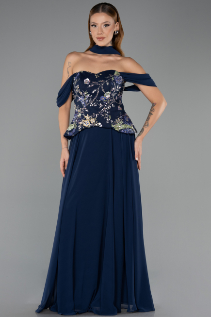 Long Navy Blue Chiffon Evening Dress ABU6612