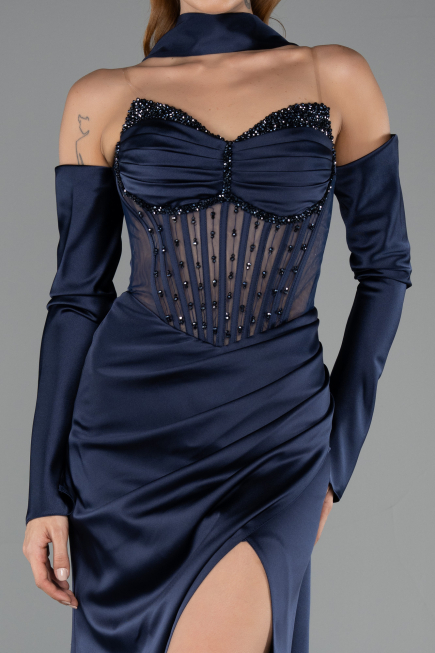Long Navy Blue Satin Evening Dress ABU6616