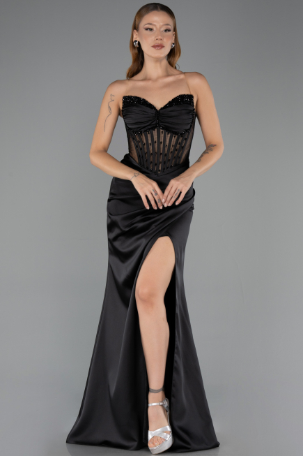 Long Black Satin Evening Dress ABU6616