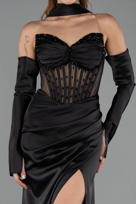 Long Black Satin Evening Dress ABU6616