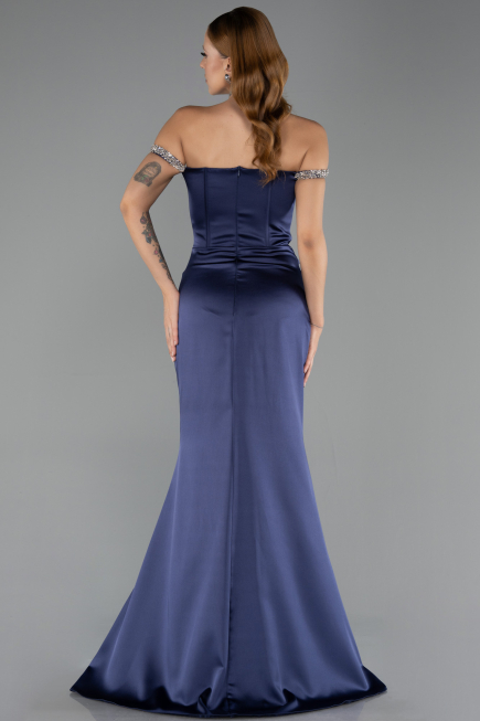 Long Navy Blue Satin Mermaid Prom Dress ABU6608
