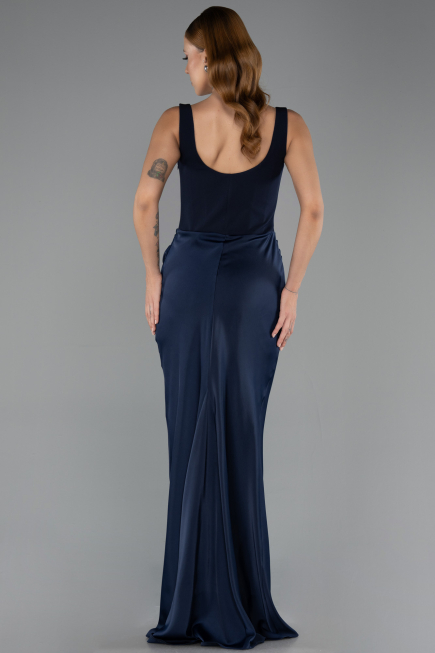 Long Navy Blue Satin Prom Gown ABU5990