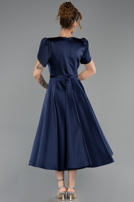 Midi Navy Blue Satin Party Dress ABK2699