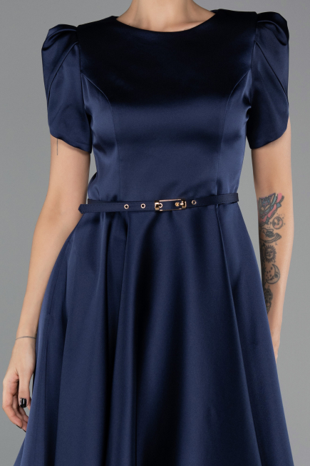 Midi Navy Blue Satin Party Dress ABK2699