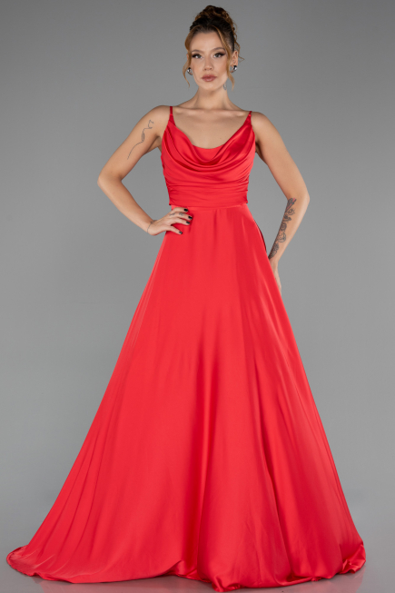Long Red Satin Prom Gown ABU5146
