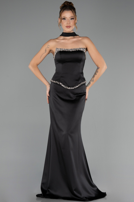 Long Black Satin Evening Dress ABU6655