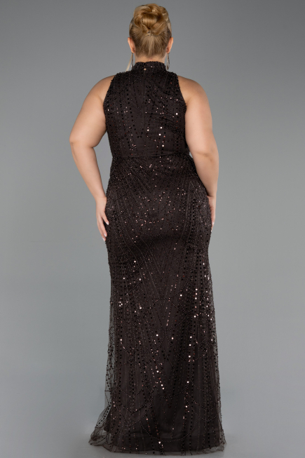 Long Dark Brown Beaded Plus Size Evening Gown ABU5063
