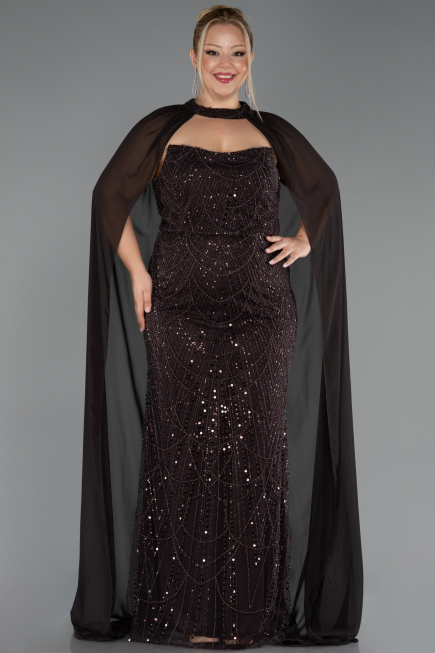Long Brown Beaded Plus Size Evening Dress ABU6545