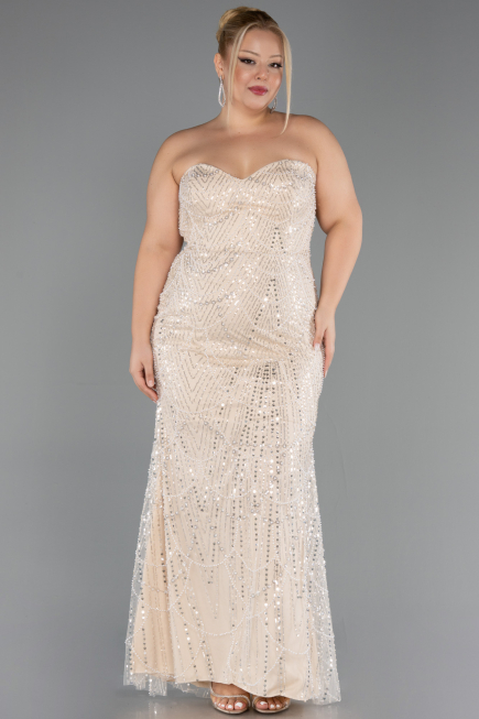 Long Beige Beaded Plus Size Evening Gown ABU6632