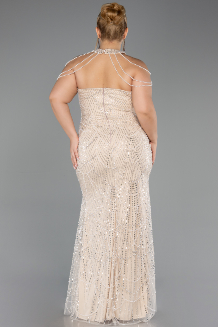 Long Beige Beaded Plus Size Evening Gown ABU6632